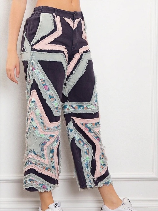 Bluevelvet Pants - Blue Velvet Star Boho Patchwork Wide-Leg Pants in Black, Pink & Light Blue